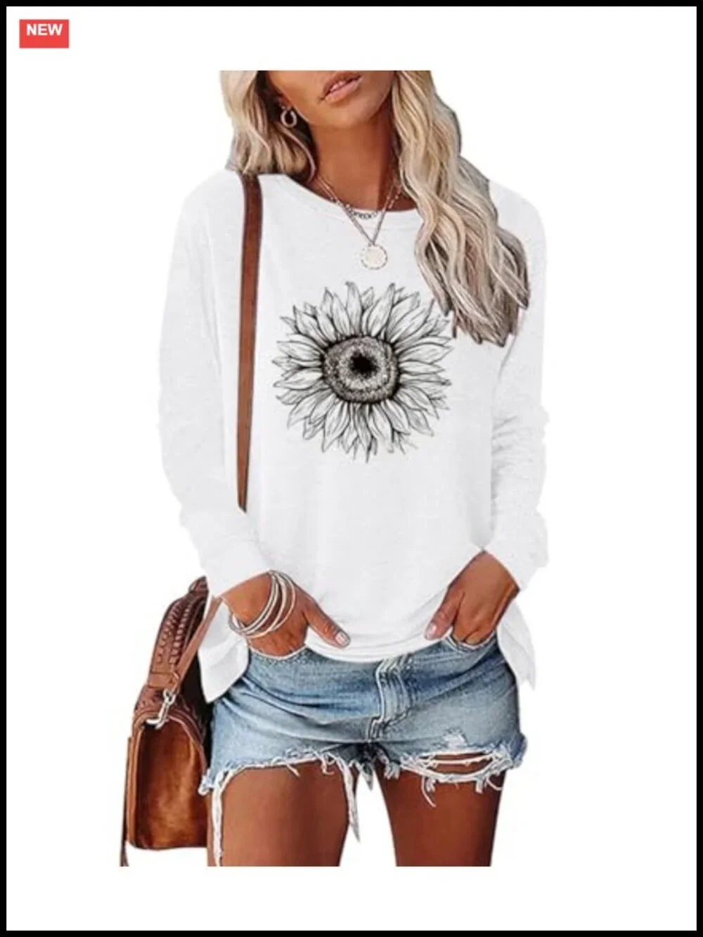 Women's Sunflower Graphic Tee Long Sleeve Crew Neck Loose Fit Tunic Top